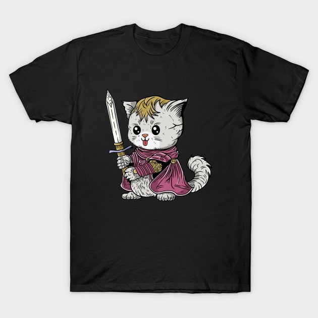 Cute Cat Warrior With Giant Sword Weapon and Red Hood T-Shirt by eijainspire